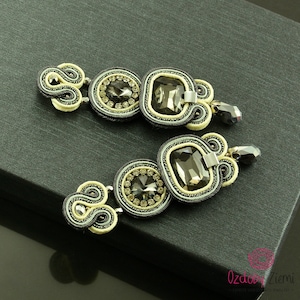 Gray silver boho earrings with drop, silver gray soutache earrings, silver long crystal earrings, gray beige glossy dangle earrings