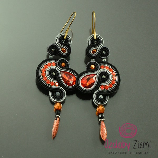 Long orange earrings, long black earrings, black dangle earrings, soutache earrings, long evening earrings, unique earrings, glossy earrings