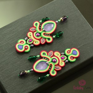 Colorful beige , pink and purple chandelier soutache earrings, long soutache earrings with crystals, large dangling colorful earrings