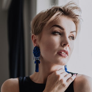 Valentine&#39;s Gift, Sapphire navy tassel earrings, soutache earrings, earrings with drop and tassel, dangling earrings, big statement earrings