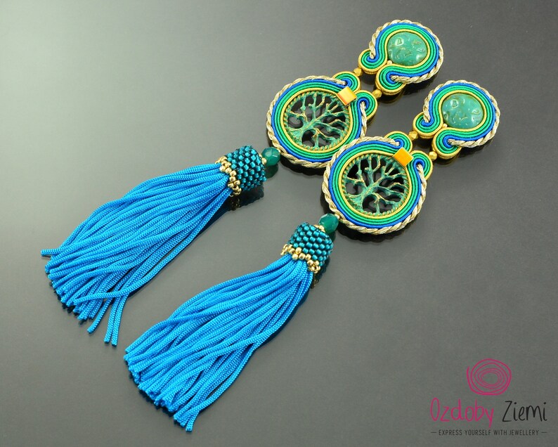 Green Gold Tassel Earrings Long Turquoise Tassel Big Unique Etsy