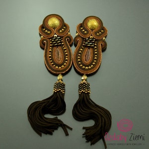 Bollywood brown and gold tassel earrings, long soutache earrings with brown tassels, big boho earrings, large gipsy brown earrings image 7