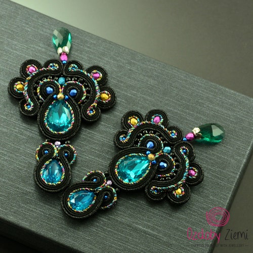 Clip-on Long shops Black Teal Soutache Earrings, Black Rainbow Chandelier Earrings, Evening Earrings, Long Glossy Crystal Earrings, spring jewelry