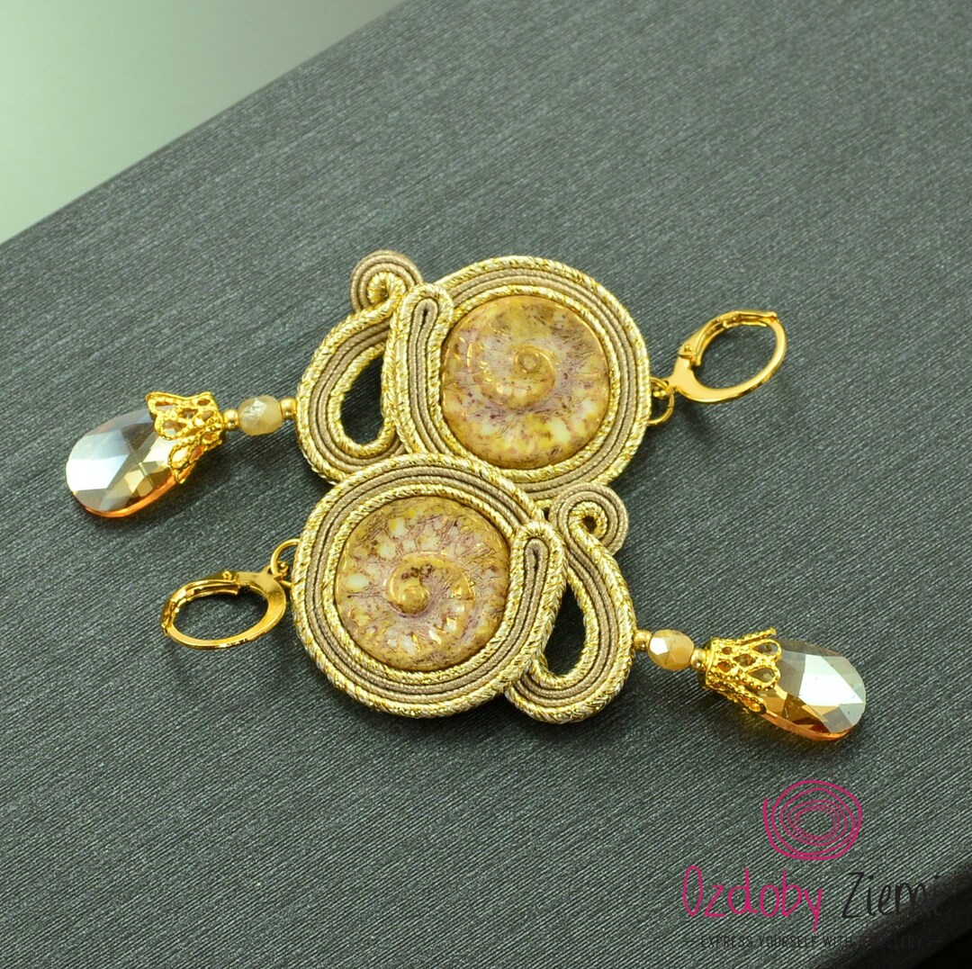 Gold Beige Dangle Earrings Gold Glow Soutache Earrings Beige Etsy
