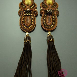 Bollywood brown and gold tassel earrings, long soutache earrings with brown tassels, big boho earrings, large gipsy brown earrings image 6