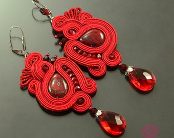 Red soutache earrings, red dangle earrings, red burgundy earrings, red dangling earrings, long red crystal earrings, Bollywood red earrings