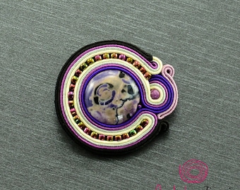 Purple soutache brooch, purple agate brooch, unique purple brooch, gemstone brooch, cute oval brooch, luxury jewelry, colorful fancy brooch