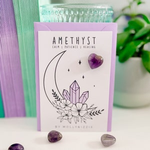 Coeur en cristal d'améthyste sur carte | Cadeau symbolique | Souvenir | Pierres d'inquiétude | Cristal naturel | Cadeau attentionné | Cadeau boîte aux lettres