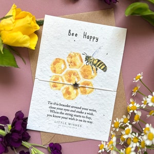Tarjeta plantable "Abeja Feliz" con pulsera de deseos / Papel con semillas / Tarjeta plantable / Regalo considerado / Regalo de felicidad