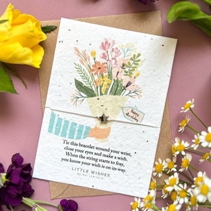 Cartão Plantável de Feliz Aniversário com Pulseira de Desejos | Papel Semente | Cartão Plantável | Presente Pensativo | Presente Feliz