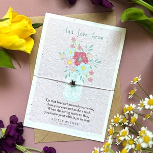 Tarjeta plantable "Deja que el amor crezca" con pulsera de deseos / Papel con semillas / Tarjeta plantable / Regalo considerado / Regalo de bondad