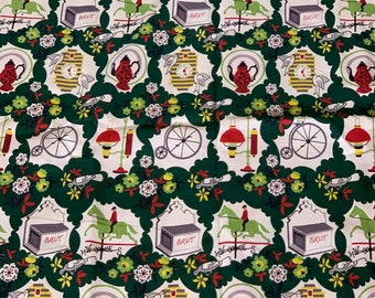 Rural Estate Stash Quaint New York Antique Shop Vintage 1950's Kitsch Barkcloth Fabric Dark Green Lime Green Red Kitchen Flair HALF yard