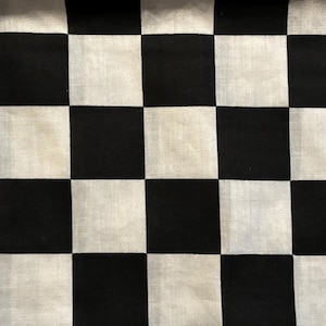 Peut inclure: Tissu à carreaux noirs et blancs. Le motif est composé de carrés espacés régulièrement, alternant le noir et le blanc. Le tissu a un aspect légèrement texturé, avec de subtiles variations de couleur dans les carrés.