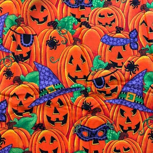 May include: A vibrant Halloween-themed pattern featuring numerous orange jack-o'-lanterns with various expressions. Some pumpkins wear witch hats, eye patches, or masks. Black spiders and green accents add to the festive design.