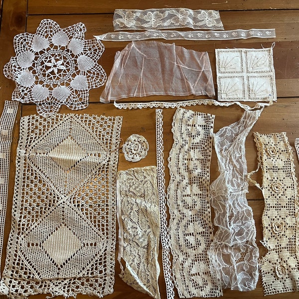 Rural Estate Stash Grab Bag 15 Pieces Vintage Antique Lace Crochet Trim Odds & Ends Salvaged Remnants Dolls Crafts Quilt Junk Journals (27)