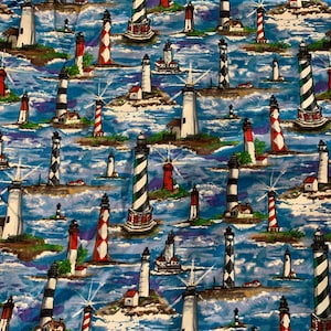 Rural Estate Quilter's Stash Crabby Patty Hi-Fashion Timeless Treasures Allover Lighthouses on Blue Cotton Quilt Shirt Fabric FQ 18"x 22" +