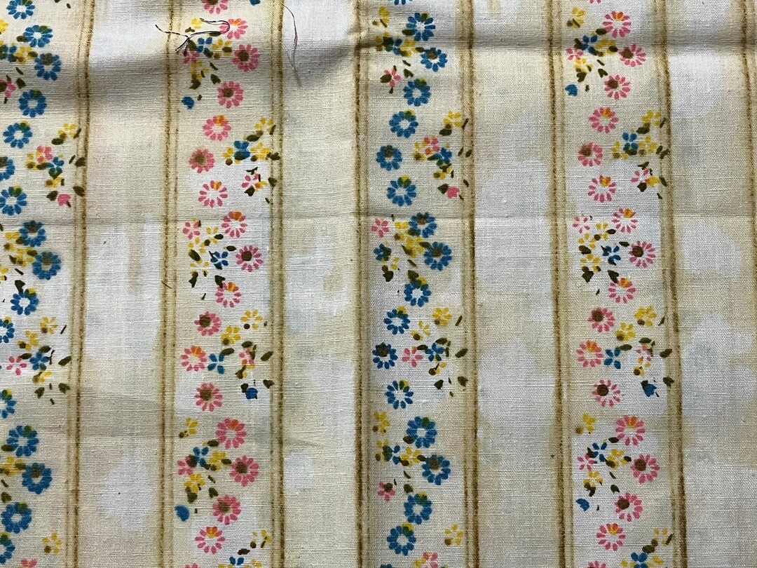 Blue Pink Floral Yellow Stripe Cotton Fabric 26"x 28" Remnant Rural ...