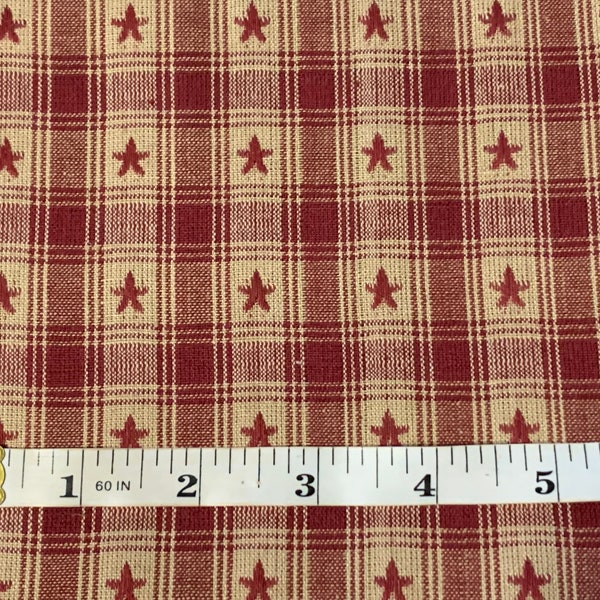 Rural Estate Quilter's Stash Vegas or Bust 1990's Cranberry Ecru Star Check Plaid Homespun Cotton Fabric FQ/more