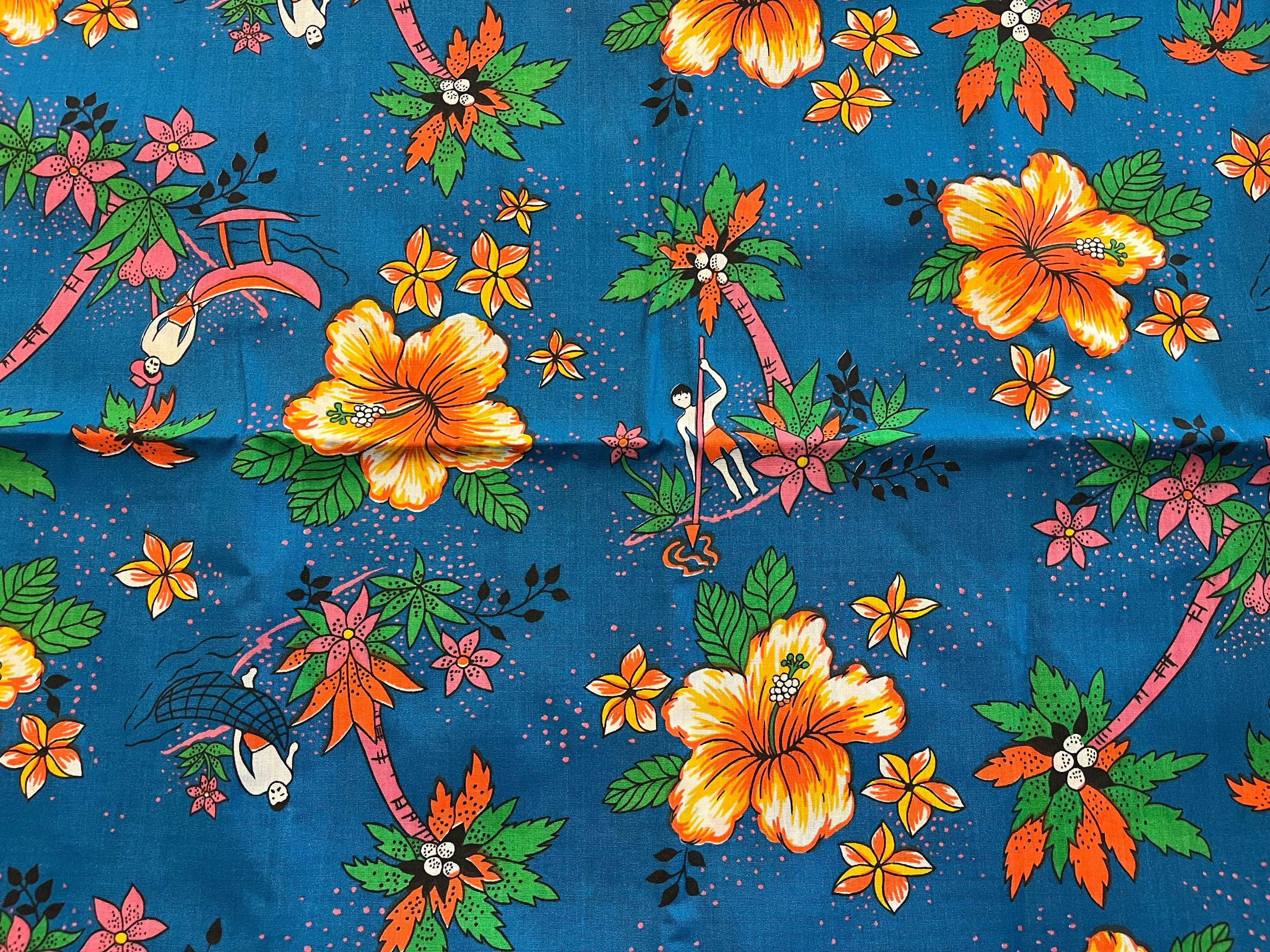 Vintage Wamsutta Mills Orange Hibiscus Hawaiian Boater Fisherman