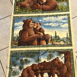 Peut inclure: Un panneau de tissu avec trois scènes d'animaux de la forêt. Le panneau supérieur montre un orignal et un ours s'embrassant. Le panneau du milieu représente un ours étreignant un ourson. Le panneau inférieur montre des ours dormant sur une branche d'arbre.