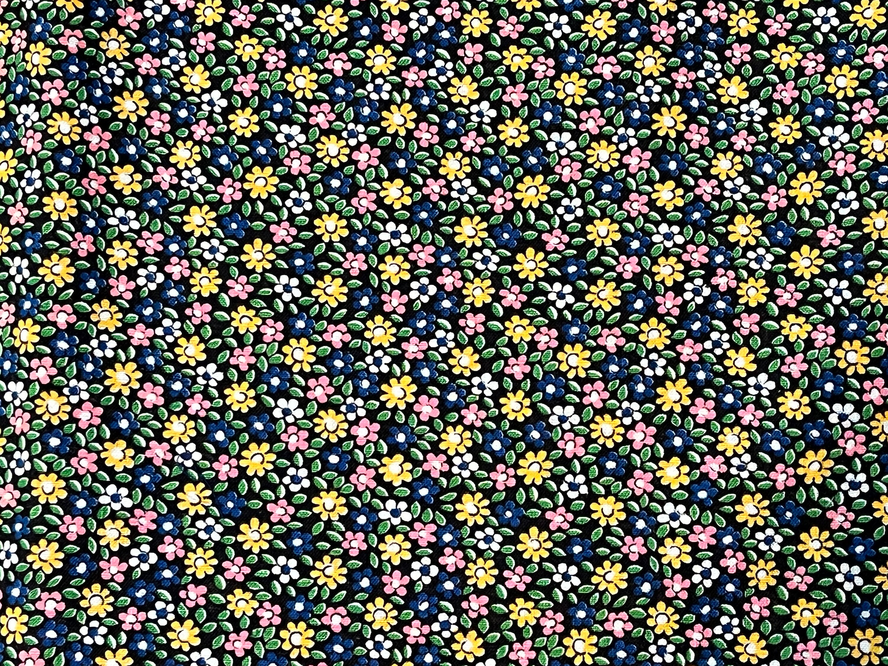 Vintage Pink Yellow Blue Daisy Floral on Black Cotton Fabric FQ 18"x 22"/more Rural Estate Quilter's Stash Honest Abe