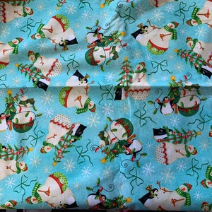 Rural Estate Quilter&#39;s Stash Crabby Patty 2013 RJR Holiday Dreams by Deb Grogan Snowmen on Aqua Cotton Christmas Fabric FQ 18&quot;x 22&quot;/more