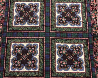 1980's Springs Industries Green Blue Pink Floral Cheater Quilt Block Pillow Fabric 4 blocks/more Rural Estate Stash Quilt Guild Demo
