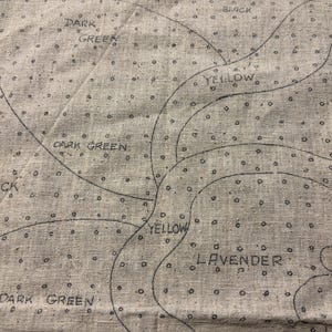 May include: A close-up of a beige fabric with black lines and dots. The fabric is labeled with the words "Dark Green", "Yellow", "Lavender", and "Black".