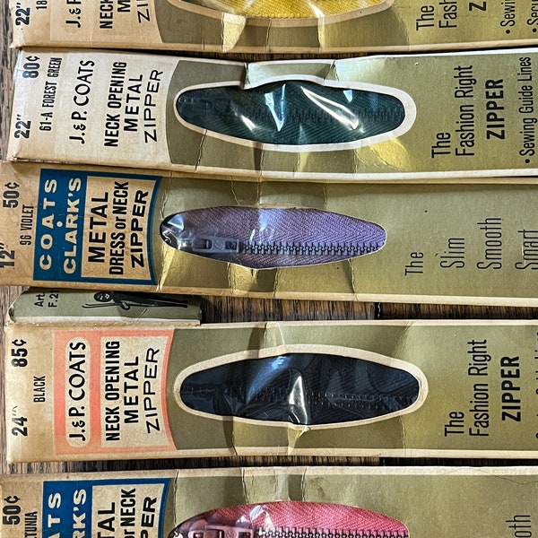 Rural Estate Stash Lot of 5 Assorted Metal Zippers Dresses Clothing Crafts Pink Yellow Purple Green Black (15) Zippity-do-da!