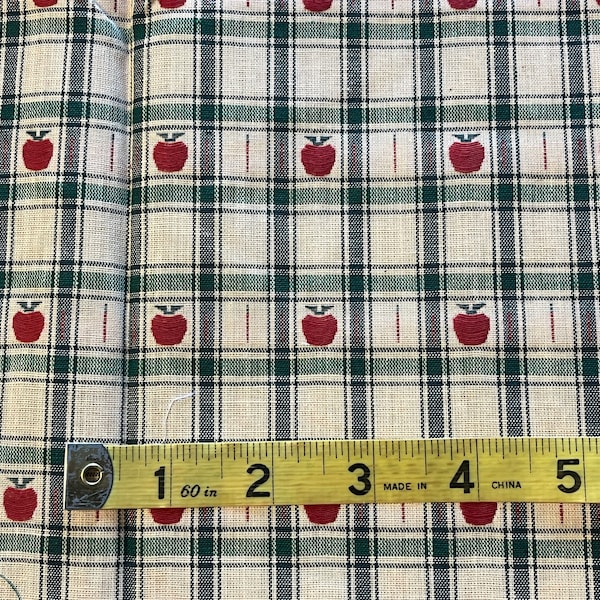 Woven Red Apples Grfeen Check Plaid Ecru Fabric 7"x 38" Scrap Rural Estate Quilter's Stash Honest Abe