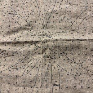 May include: A close-up of a beige linen fabric with a pattern of circles and lines. The fabric is marked with the words "yellow", "lilac", "orange", and "brown".