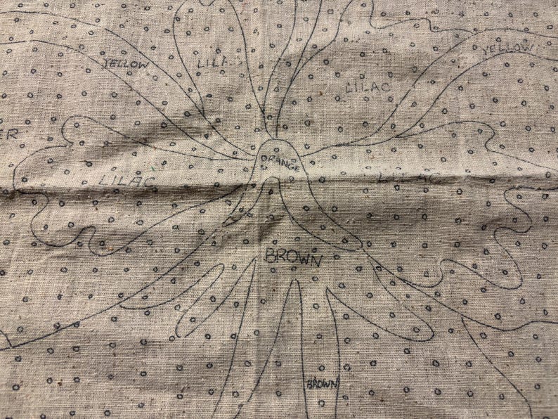 May include: A close-up of a beige linen fabric with a pattern of circles and lines. The fabric is marked with the words "yellow", "lilac", "orange", and "brown".