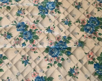 Vintage 1940's Blue Roses Gray Trellis Cotton Fabric 44"x 36" HP