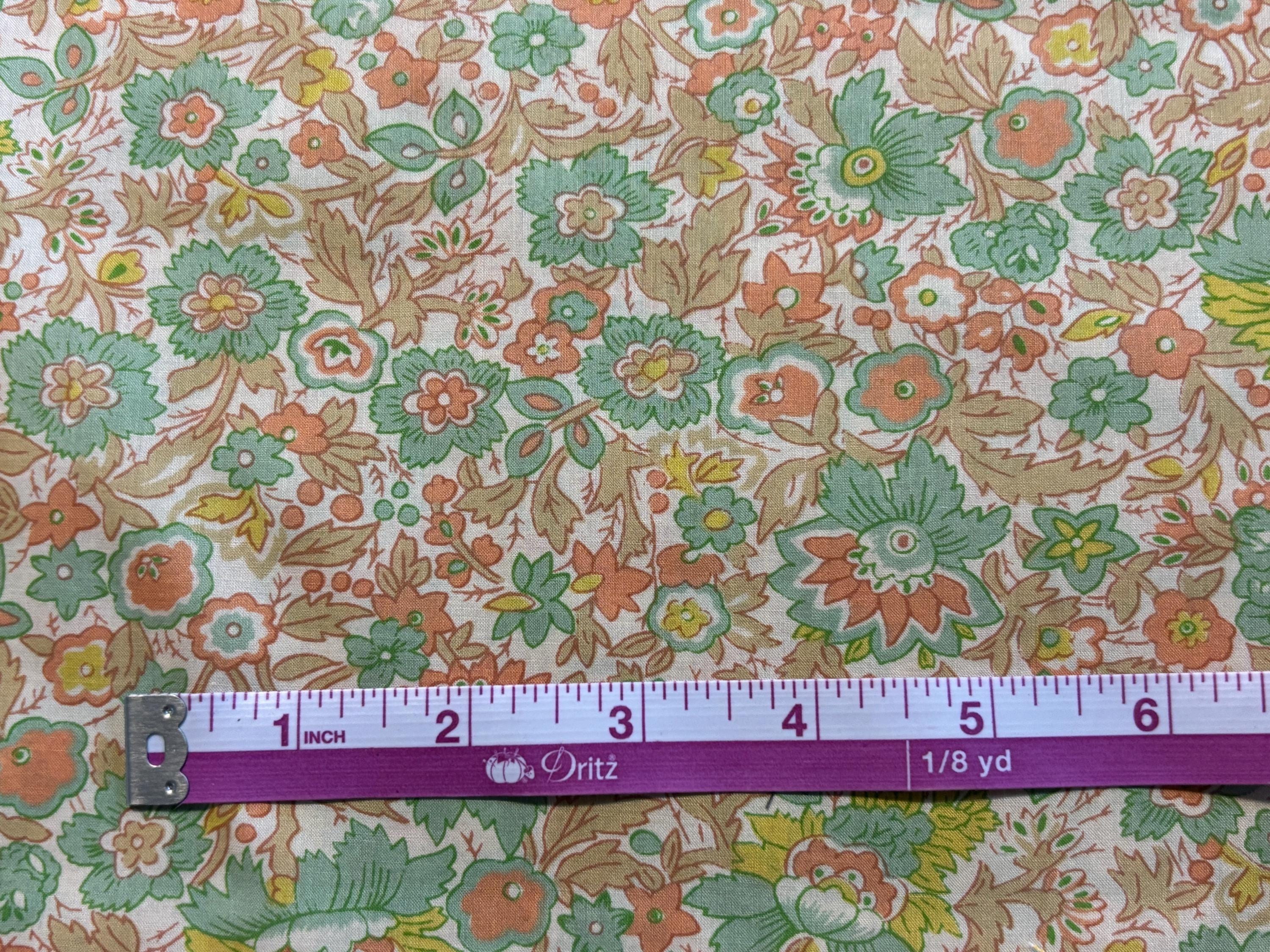 1970's Pale Green Beige Orange Floral Cotton Blend Dress Fabric