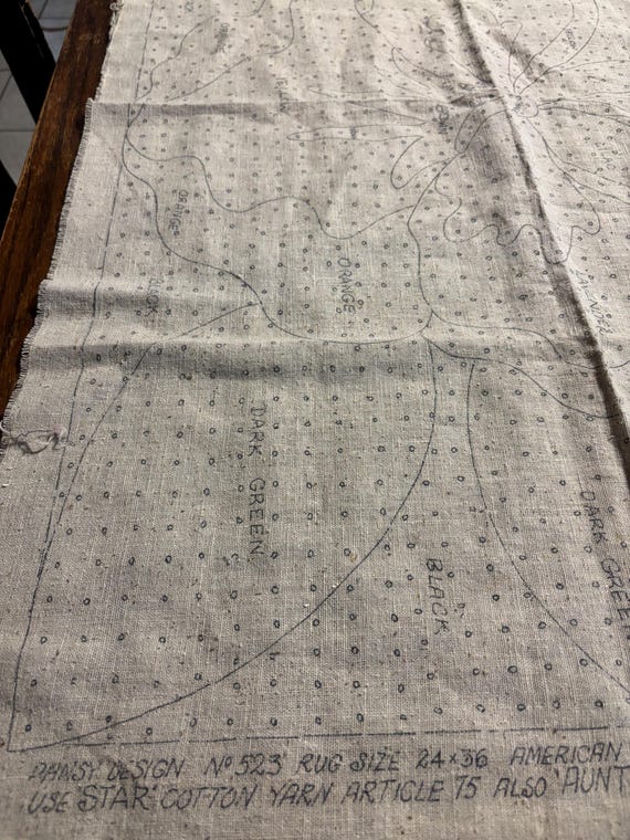 Vintage 1930's Hooked Rug Canvas Pansy Design no. 523 Rug Size 24"x 36" American Thread Co.