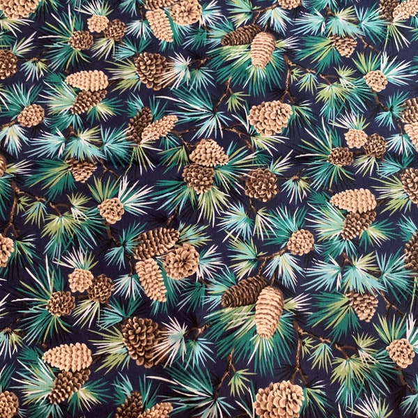 Rural Estate Quilter's Stash He-Shed She-Shed 1990's Marcus Brothers Christmas Pine Cone on Black Cotton Fabric FQ 18"x 22"/more