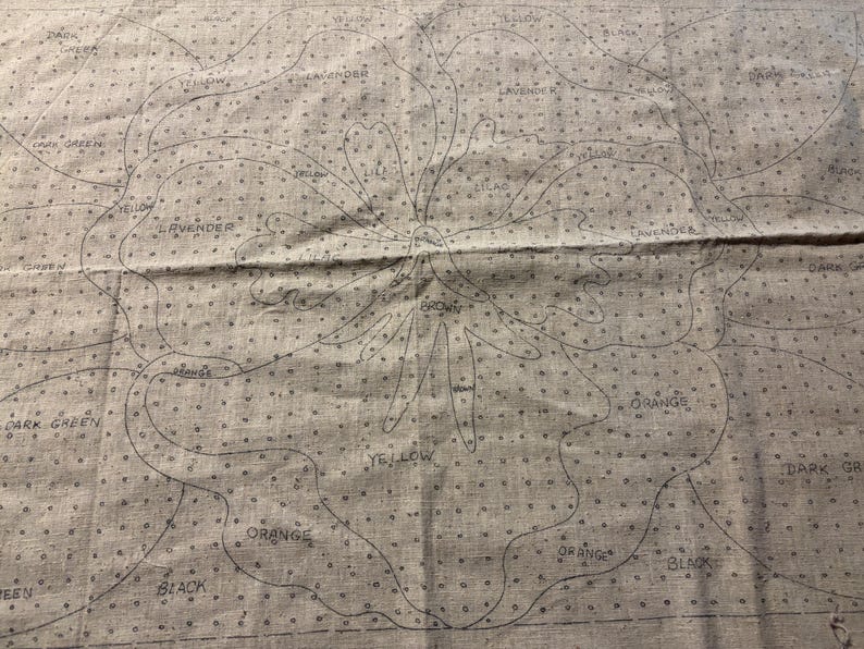 May include: A beige fabric with a black outline of a flower with the words "yellow", "orange", "lavender", "dark green", "black", "brown", and "lilac" written on it.