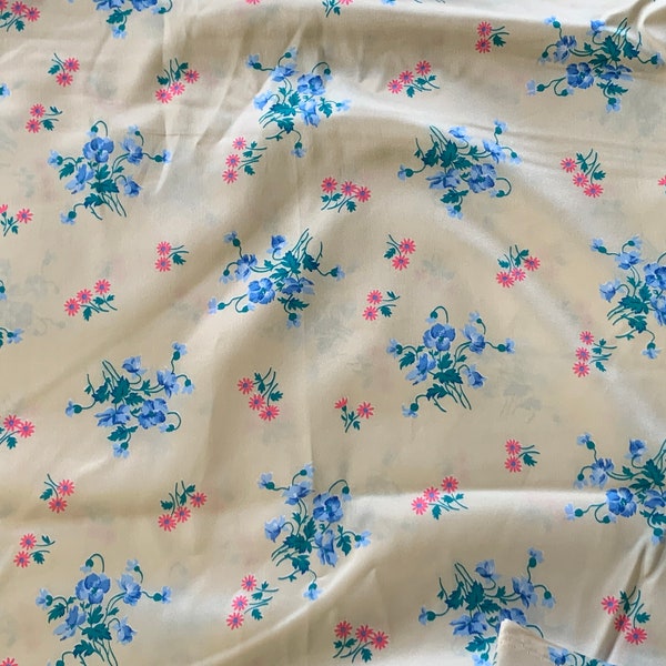 Rural Estate Seamstress Stash Stone Chimneys Vintage 1960's Tergal Silky Polyester Bright Pink Daisy Blue Floral on Almond Fabric HALF YARD+
