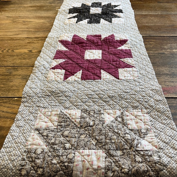 Rural Estate Stash Quilts Granted! Early Antique Star Quilt Cutter Piece Block Runner Red Black White 15"x 78"