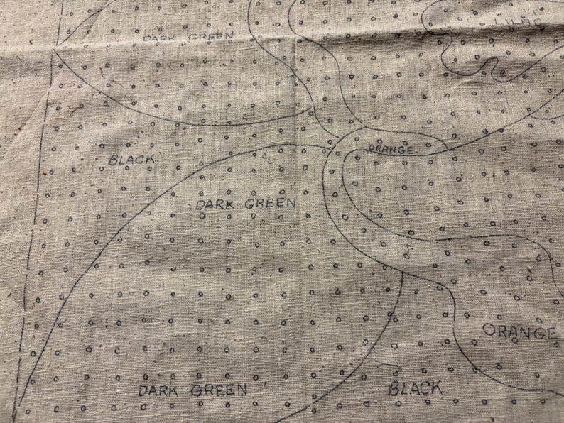 May include: A close-up of a fabric with a pattern of small circles and lines. The fabric is labeled with the words "Dark Green", "Black", and "Orange".