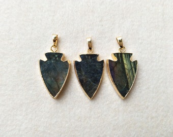 4 pcs Natural Labradorite Pendant Bead,Plated Arrowhead Handmade Gemstone Peacock Shining Labradorite Arrow DIY Jewelry Making PD262
