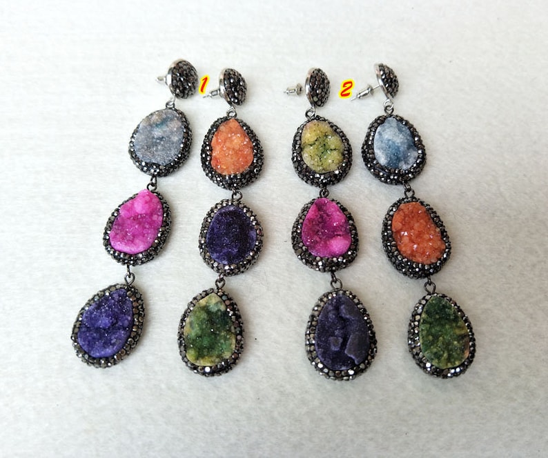 3 Pairs Random collocation Mix color stone Pave Rhinestone Quartz Druzy Stone Water Drop Earrings Jewelry Finding For Women ER569