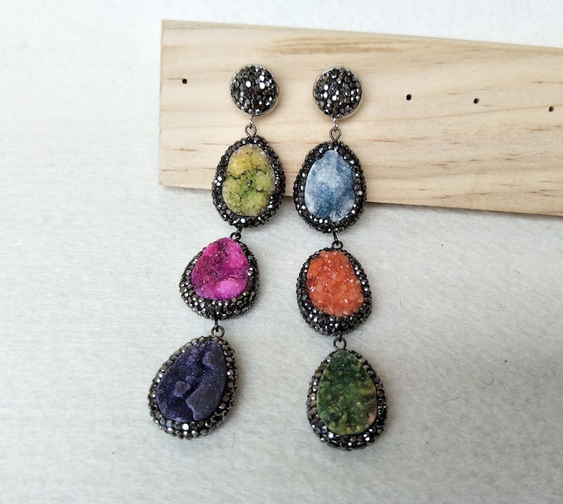 3 Pairs Random collocation Mix color stone Pave Rhinestone Quartz Druzy Stone Water Drop Earrings Jewelry Finding For Women ER569