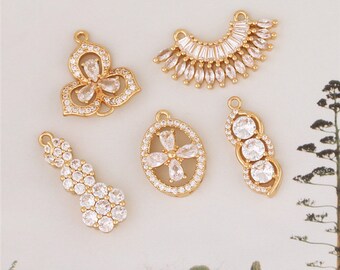 10 pcs Gold Plated CZ Pave flower fan Oval pendant Charm connector,Full Cubic Zirconia Setting DIY Supply, Jewelry Finding Supplies