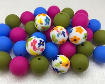 15MM Custom silicone bead Mix, Floral  Print Silicone Beads, 15mm Round Loose Beads, DIY Jewelry Accessories, Wholesale Beads