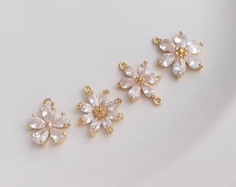 6 pieces Gold Plated Cubic Zirconia Flower Charm Connector, CZ Pave Daisy Pendant, Jewelry Making, DIY Material, Jewelry Finding Supplies