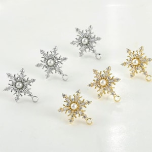 Real Gold plated Snowflake Earring Posts,Cz Pave Snowflake Ear Studs, Snowflake Ear Studs with loop,DIY Earring accessories
