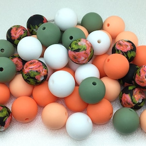 Black Floral silicone bead mix,  15MM Print Silicone Beads, 15mm Round Loose Soft Silicone Beads,Jewelry Craft Making, Wholesale Beads