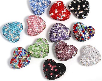 10pcs Mix Color Rhinestone Polymer Clay Heart Beads, 17x20mm Heart Focal Beads, Sparkle Beads, DIY Beadable Pens, Jewelry Craft Making