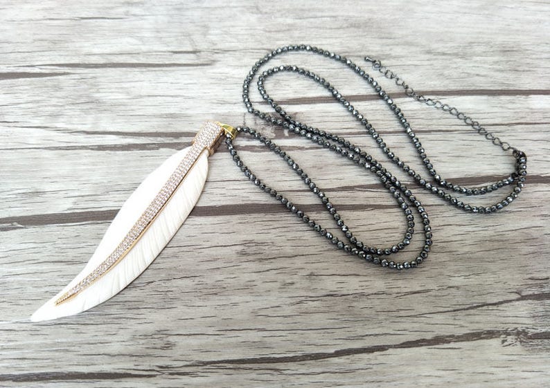 3 Strands Hematite beads necklace Unique leaf ox bone Pendant,CZ zircon Micro pave crystal Charm Boho necklaces for women NK156